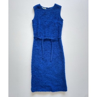Vtg 60s Nancy Greer Blue Looped Bouclé Wool Sleeveless Mod Wiggle Dress / XS/S