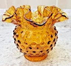 Vintage Fenton Dish Amber Hobnail Ruffled Edge Candle Vase