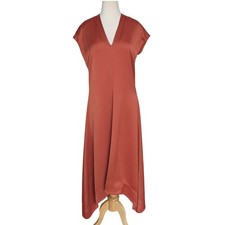 Halston Rust Asymmetrical Midi Dress Sleeveless V-Neck Flowy Women's