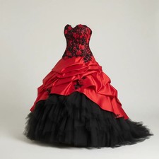 Red And Black Gothic Wedding Dresses Strapless Ruched Satin Ball Gown BrideDress