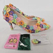 Lace Floral Wedding High Heel Shoes Party Bride Pumps Crystal Queen Size 38 READ