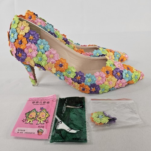 Lace Floral Wedding High Heel Shoes Party Bride Pumps Crystal Queen Size 38 READ