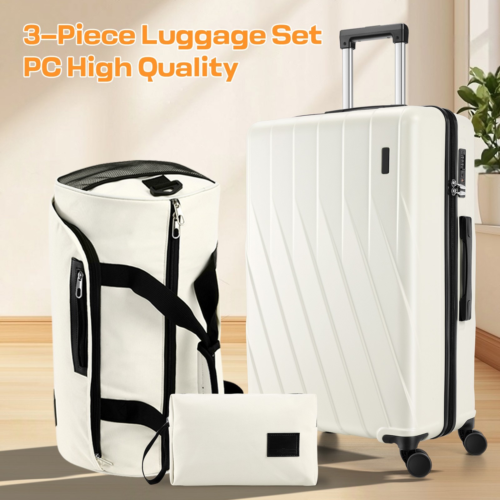 3-Piece Luggage Set 100% PC Hardshell Carry on Suitcase with Dual-Spinner Wheel