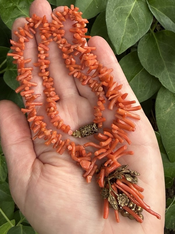 Antique Victorian Brass Grape Natural Branch Coral Necklace old Jewelry