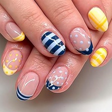 Yellow Blue French Tip Press on Nails Short Almond Yellow Blue False Nalis