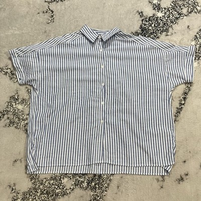 Max Studio Blouse Womens Size XL Blue White Striped Button Front Short Sleeve