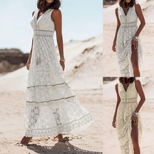 Womens V Neck Lace Maxi Dress Summer Holiday Beach Party Long Sundress Size 12