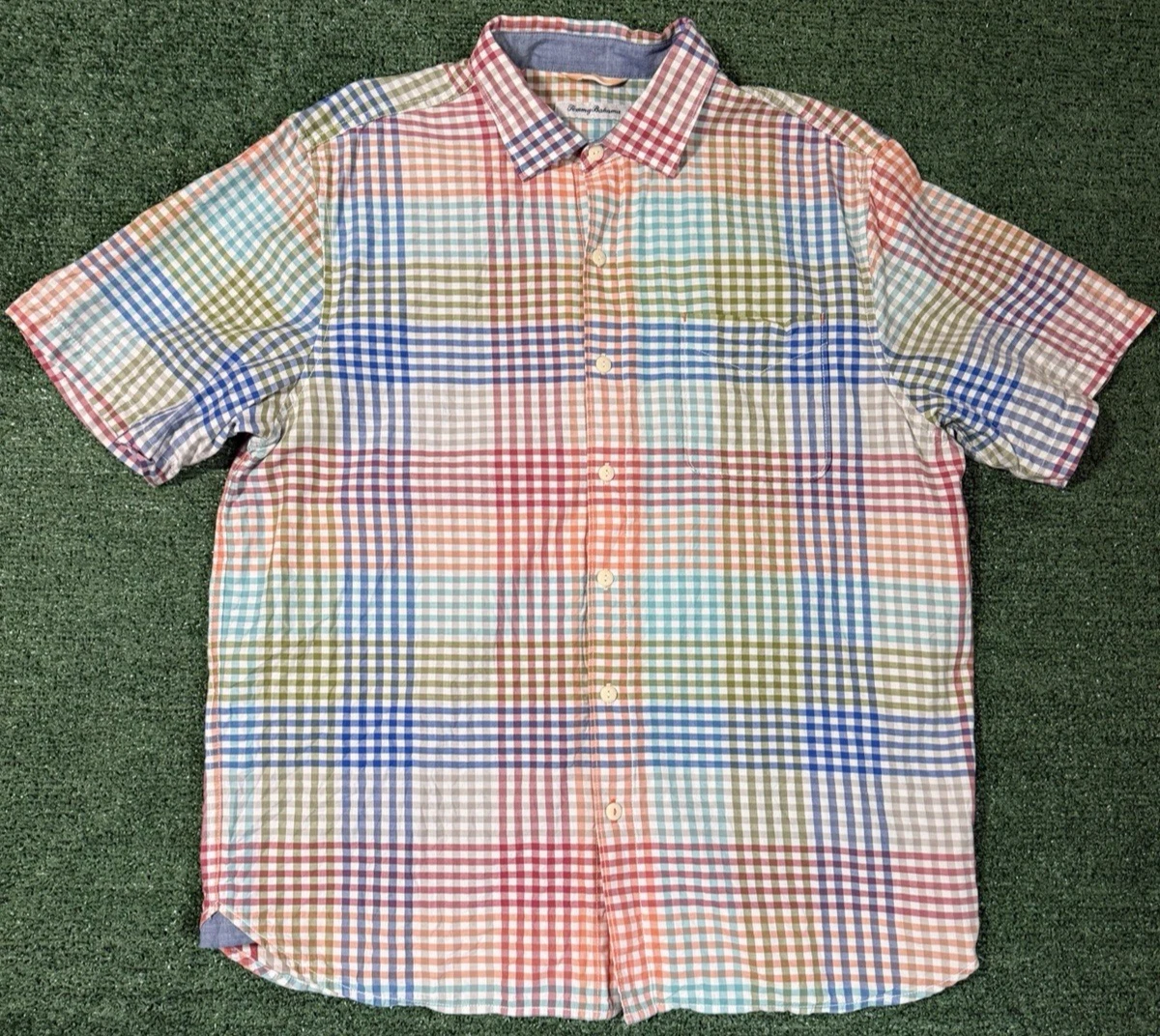 Tommy Bahama Plaid Short Sleeve Button Up Shirt Men's Size L Pocket Multicolor