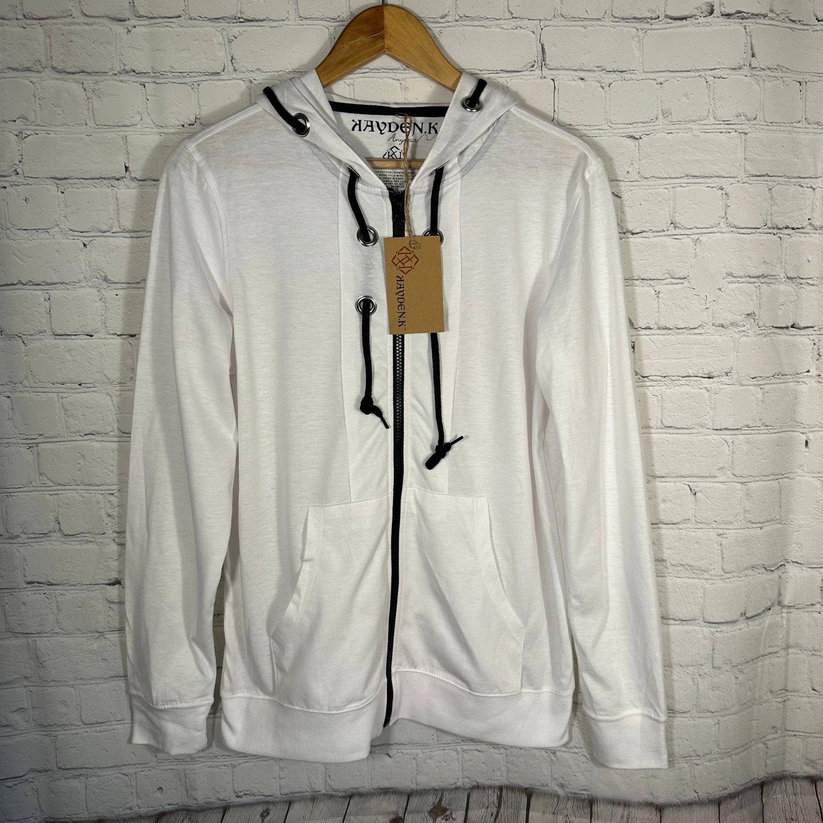 Hayden.K Anywear Mens White Full Zip Hoodie Lightweight Grommet Detail Small NWT