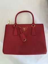 PRADA Red Satchel Top Handle Bag Gold Hardware Logo Accent Strap Card Dust Bag