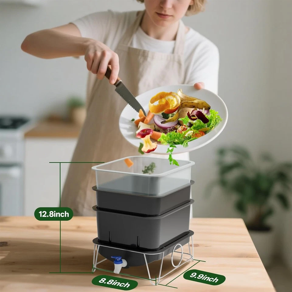 Cubo de compostaje de granja de gusanos de 3 bandejas 15L con juego de herramientas - Eficiente interior/exterior  Foto 2 de 4