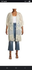 Lace Coverup L/XL Duster Embroidered Boho Cream Sheer Open Front Kimono