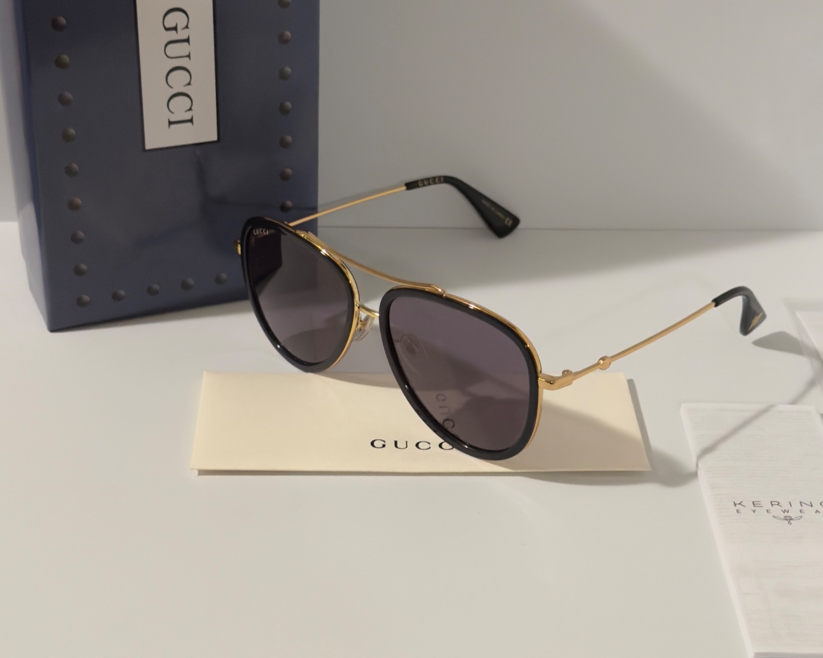 Gucci GG0062S Aviator Sunglasses Black Frame Grey Lenses Ships Today