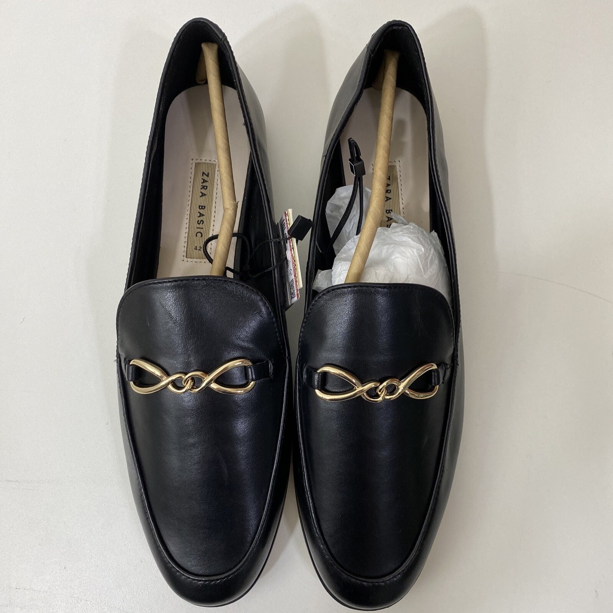 Zara Black Leather Gold Chain Slip On Loafer Shoes Flats