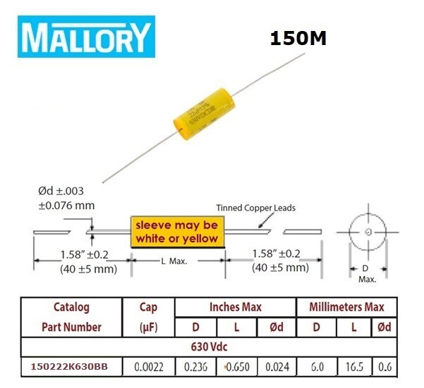 Mallory '150', 0,0022uF/630V 10% condensatore poliestere assiale, 150222K630BB