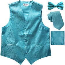 New Men's Paisley Tuxedo Vest Waistcoat necktie Bow tie Hankie Turquoise blue