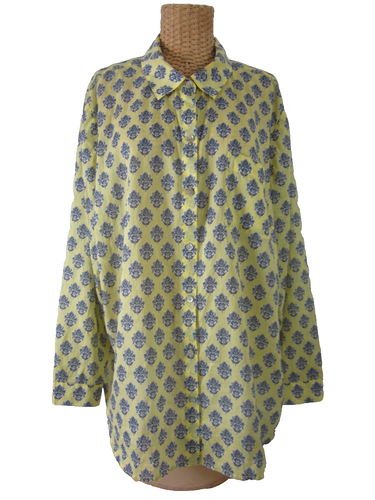 J Jill Womens XL Yellow Black Blue Floral LS Fine Cotton Button Shirt Blouse 52"