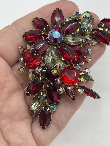 Vintage Beau Jewels, roter Strass Aurora Borealis, Brosche & Ohrring Set goldfarben - Bild 13 von 23