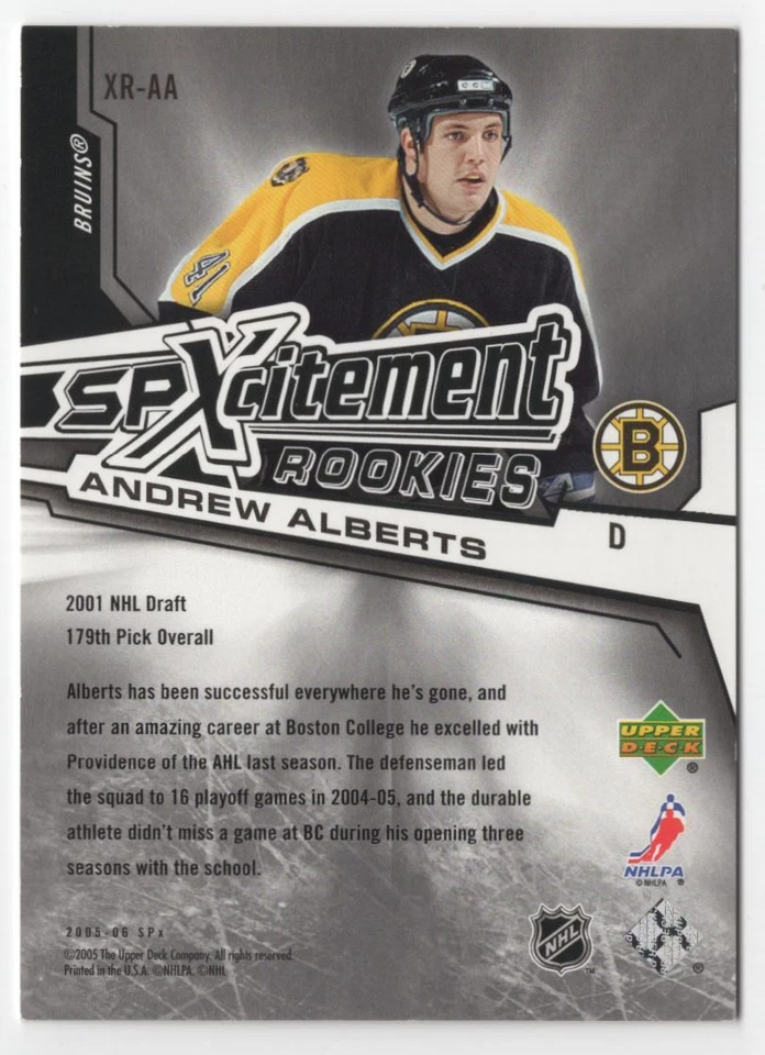 2005-06 SPx Xcitement Rookies Andrew Alberts 741/999 Boston Bruins #XR-AA R72 - Image 2 of 2