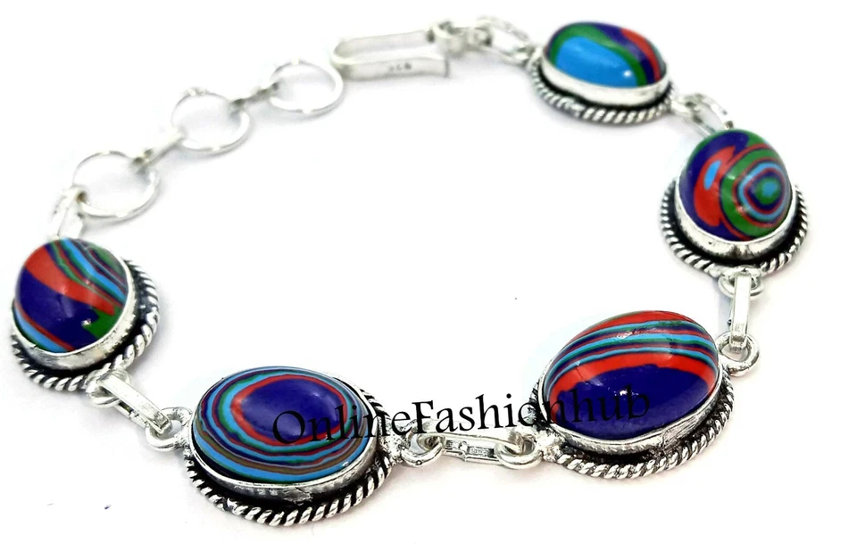 Brazalete de plata de ley 925 con piedras preciosas de calílice arco iris 8" joyas para mujer Foto 3 de 3