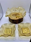 Vintage Indiana  Amber/ Yellow Hobnail Diamond Cut Scallop Edge Glass Dish Set
