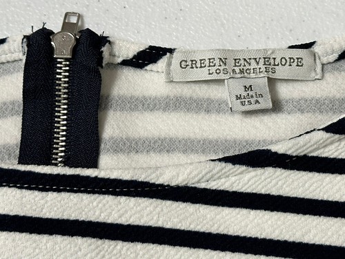 Green Envelope White & Black Striped Bell Flared 3/4 Sleeve Blouse Top Stretch M - Picture 2 of 6