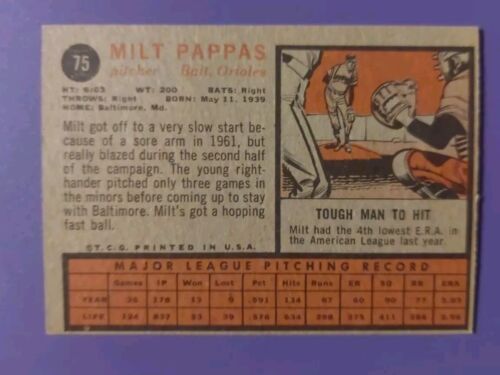 1962 TOPPS MILT PAPPAS BASEBALL CARD #75 - Picture 2 of 2