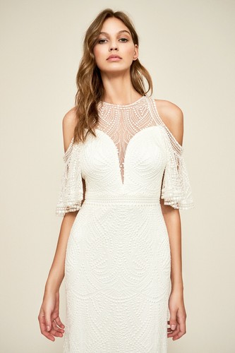 TADASHI SHOJI Bridal Ivory LUZ Embroidered Cold Shoulder Flutter Sleeve Gown 8 M - Picture 9 of 12