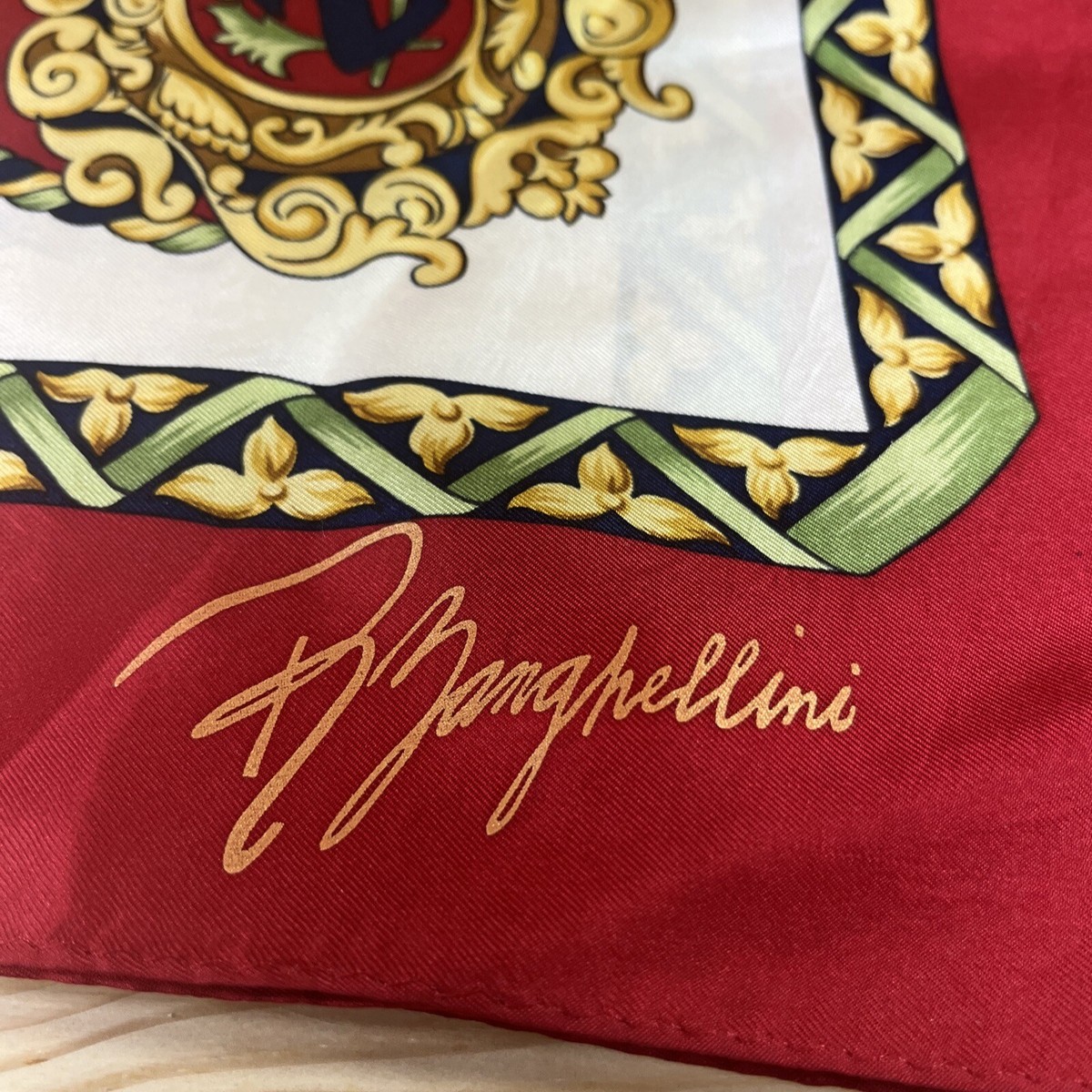 R Zanghellini Silk Scarf Ornate Red Gold Green Scroll Tassels