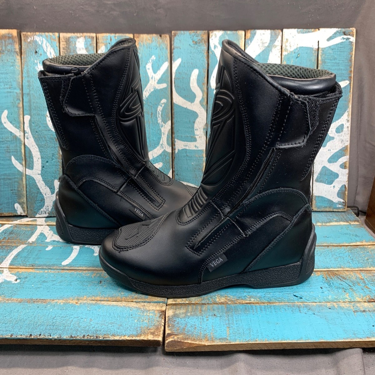 VEGA Black Motorcycle Dual Zip Boots BLK Leather Ladies Sz 8 VEGA Black Motorcycle Dual Zip Boots BLK Leather Ladies Sz 8