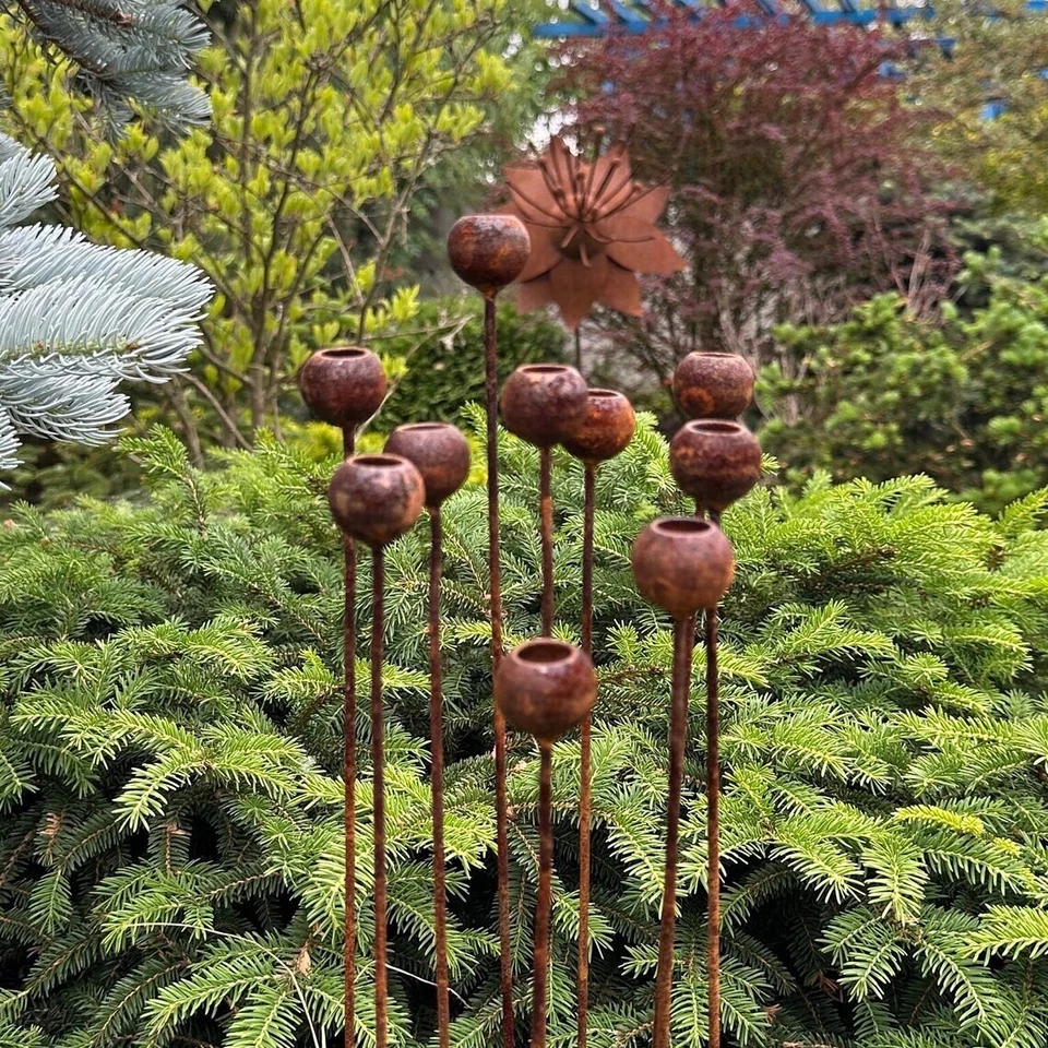 Rusty tiny flower buds set of 10, Garden stakes garden decor, Metal garden decor - Image 2 of 3