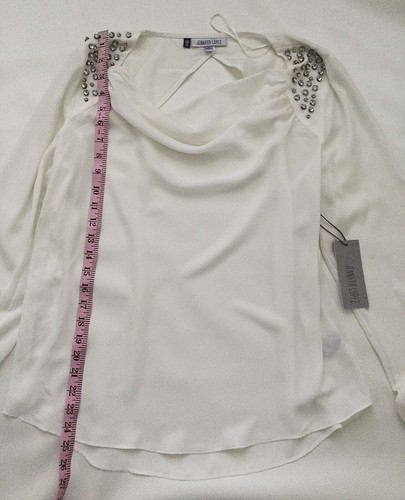NWT JENNIFER LOPEZ Draped LIGHT IVORY SHEER BLOUSE EMBELLISHED Rhinestone Sz M - Picture 8 of 9
