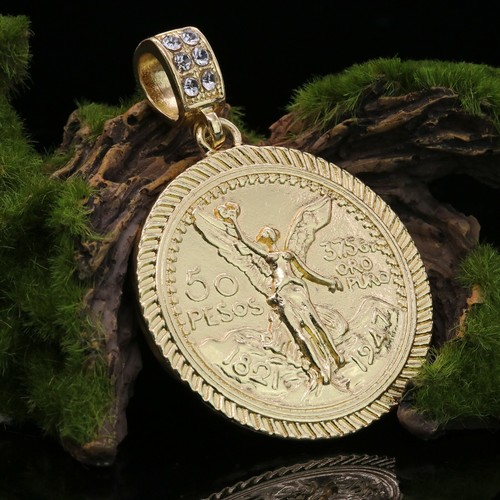 Plain Centenario 50 Pesos Pendant Cuban Chain Men's Gold Plated Cubic Zirconia - Picture 4 of 8