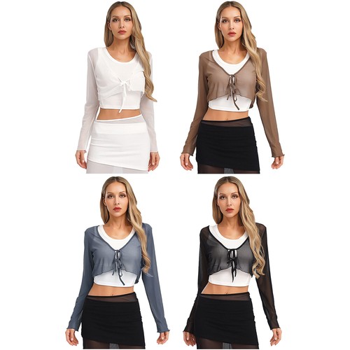 Women Cover Up Long Sleeve Cardigan Crop Dress Top Open Front Mesh Coat Bolero