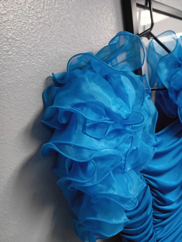 Vintage 80s Party Prom Dress Nadine Ruffles Teal Sz 1 USA Union Made - Image 2 of 4