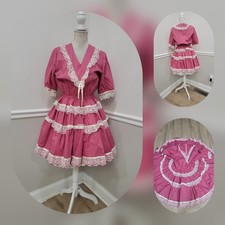 VTG Square Dance Dress Pink Prairie Ruffle Lace Fit  Flare Twirl Skirt Peasant