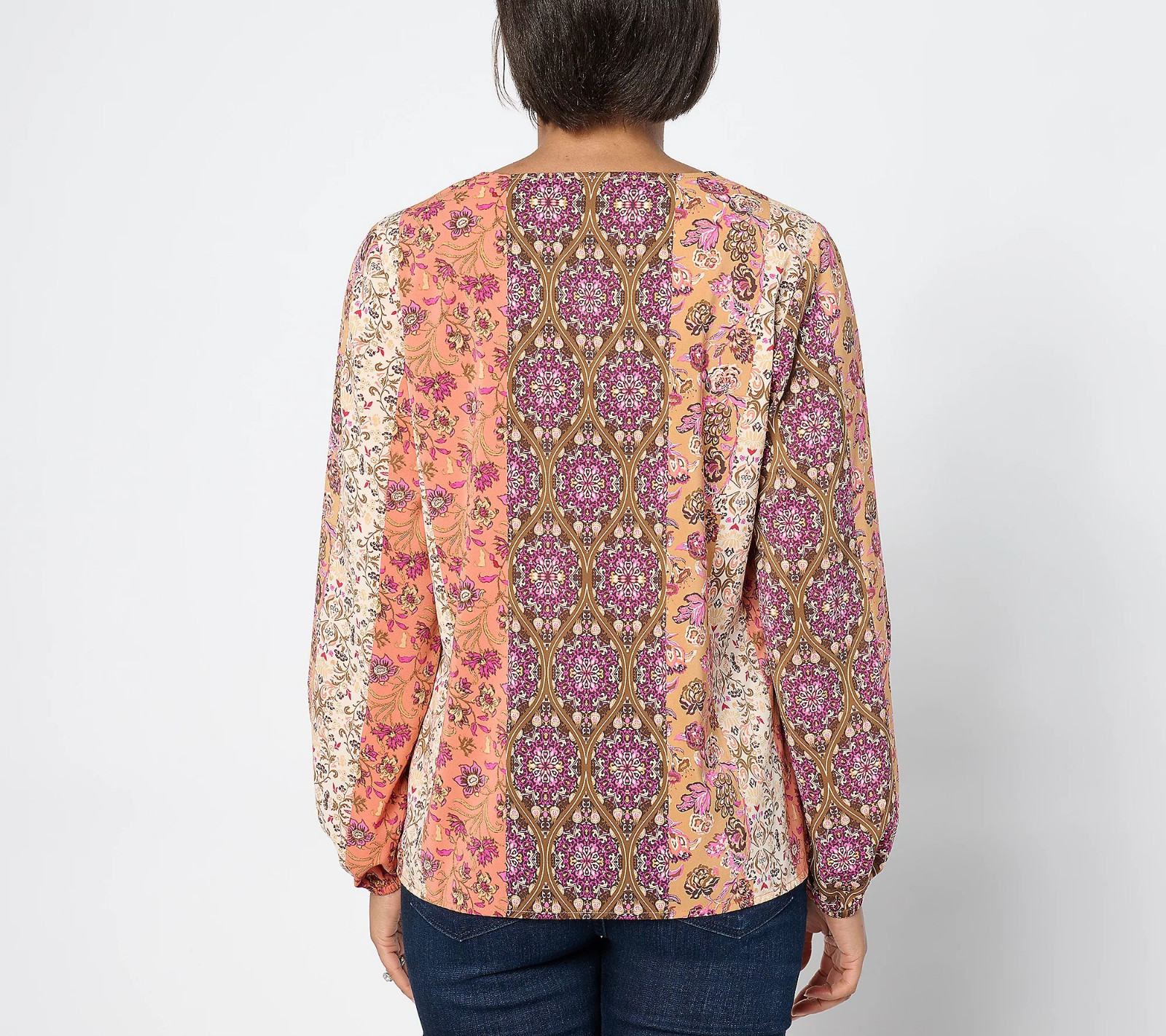 Denim & Co BOHO Printed Long-Sleeve Swing Top - Women's Plus 2X - Green Multi