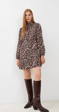 Mango Paisley Print Mini Dress Brown Long Sleeve High Neck Boho Size M