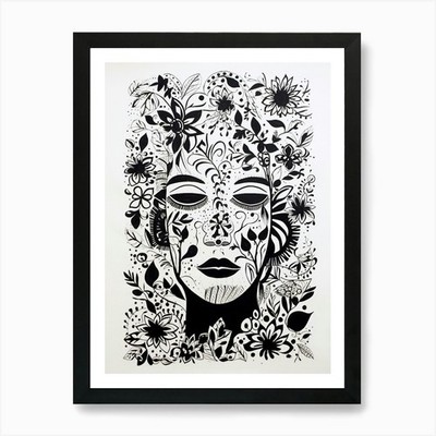 Floral Black & White Face Zeichnung 3 gerahmte Wandbilder Poster Leinwanddruck Bild