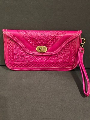 Moroccan Corridor Kharrazine Fuchsia Embossed Leather Clutch Wristlet Wallet