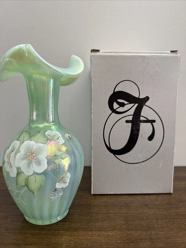 Fenton Willow Green Rib Optic Opalescent Painted Signed 95th Anniv Vase Floral