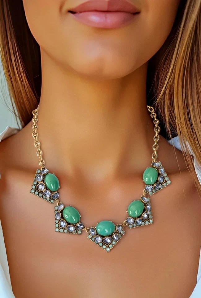 RORY STELLA & DOT GOLD TONE NECKLACE WITH GREEN CABACHONS AND BLUE STONES - Image 2 of 4