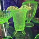 Fenton Basket Weave Uranium Green Open Lace Pattern Edge 4 Toed 5” Bud Vase