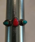 Sterling Silver Vintage Turquoise And Coral Navajo Style Adjustable Ring