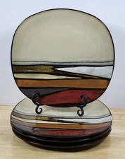 4 Gibson Elite Matrice Stripe Red Brown, Beige Dinner Plates 11” Square Stonewar