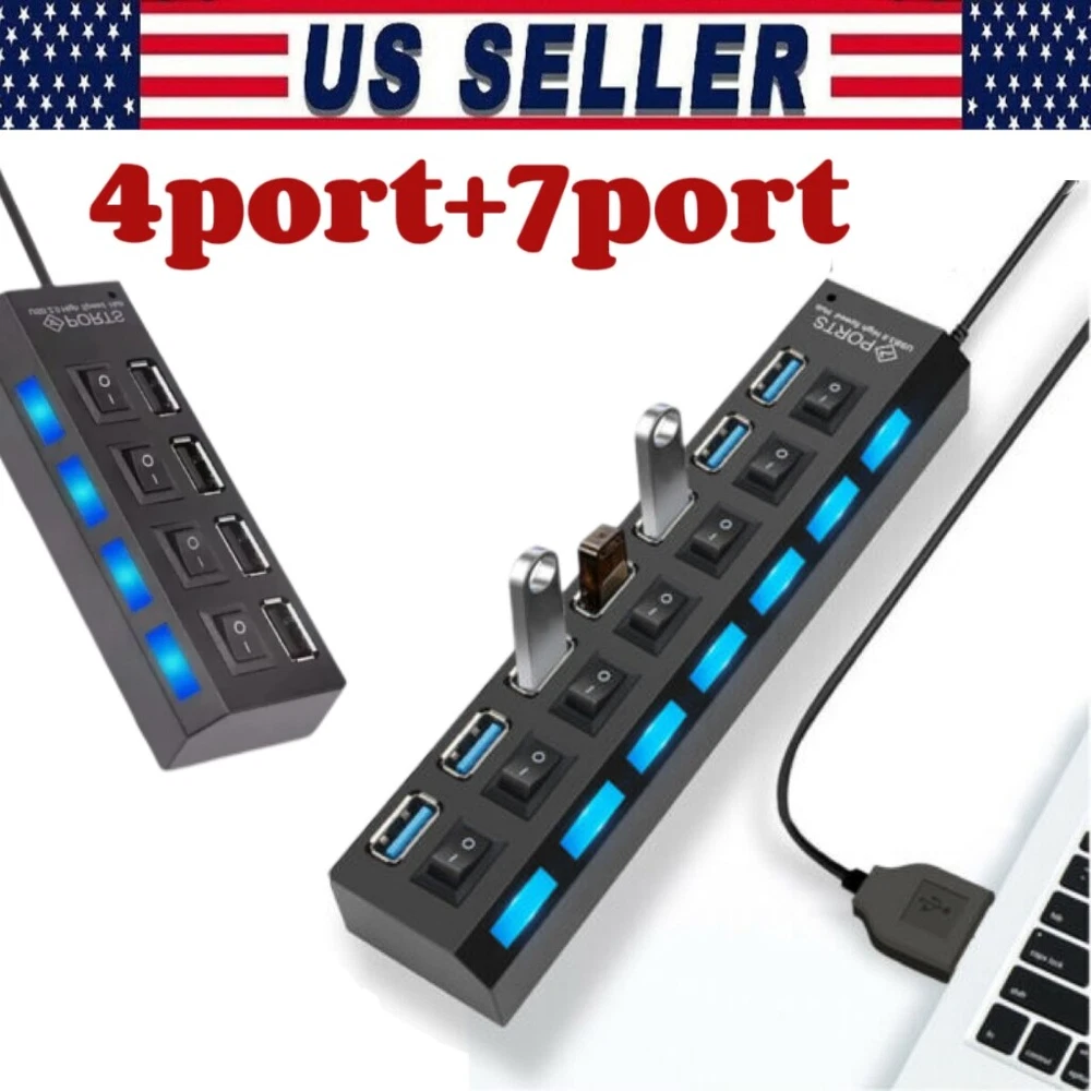2X USB Hub 7 Port On/Off Switch High Speed Splitter AC Adapter Cable PC Laptop
