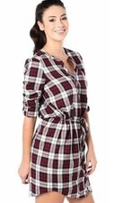 Soft Joie Plaid Cassina Button Shirt Dress 100% Cotton Deep Garnet Sz S