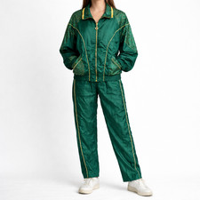 80s Vintage Nylon Windbreaker Tracksuit Womens S Green Gold Polka Dot Full Zip