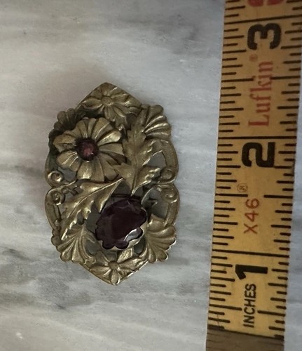 Vtg Art Nouveau Sash Pin Brooch Purple Glass Ornate Botanic Flowers Leaves Large - Picture 4 of 11