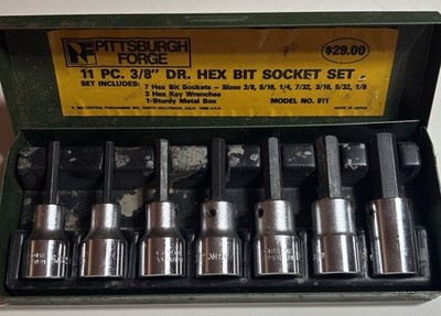 Vtg 1981 Pittsburgh Forge 11 PC STD 3/8'' Hex Bit Socket Set Model 911 Metal Box